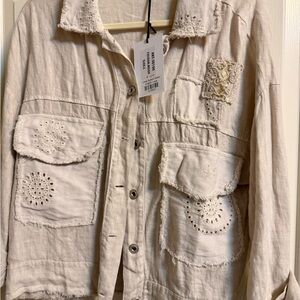 Women's Beige Linen Utility Jacket with Embroidered Accents NWT Large